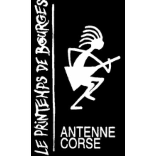 Logo de l'antenne Corse du Printemps de Bourges. Personnage blanc qui joue de la guitare sur fond noir. 