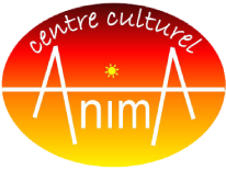 Logo du Centre Culturel Anima. Ecriture blanche sur fond oval dégradé rouge et jaune.